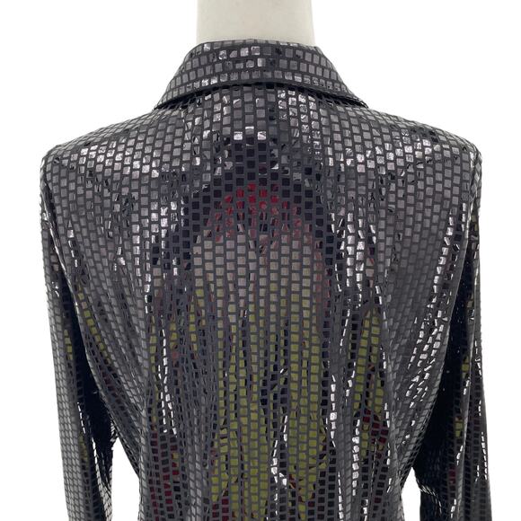 Exclusively Misook Black Square Pattern Shiny Full Zip Jacket Women Sz S - Picture 5 of 12